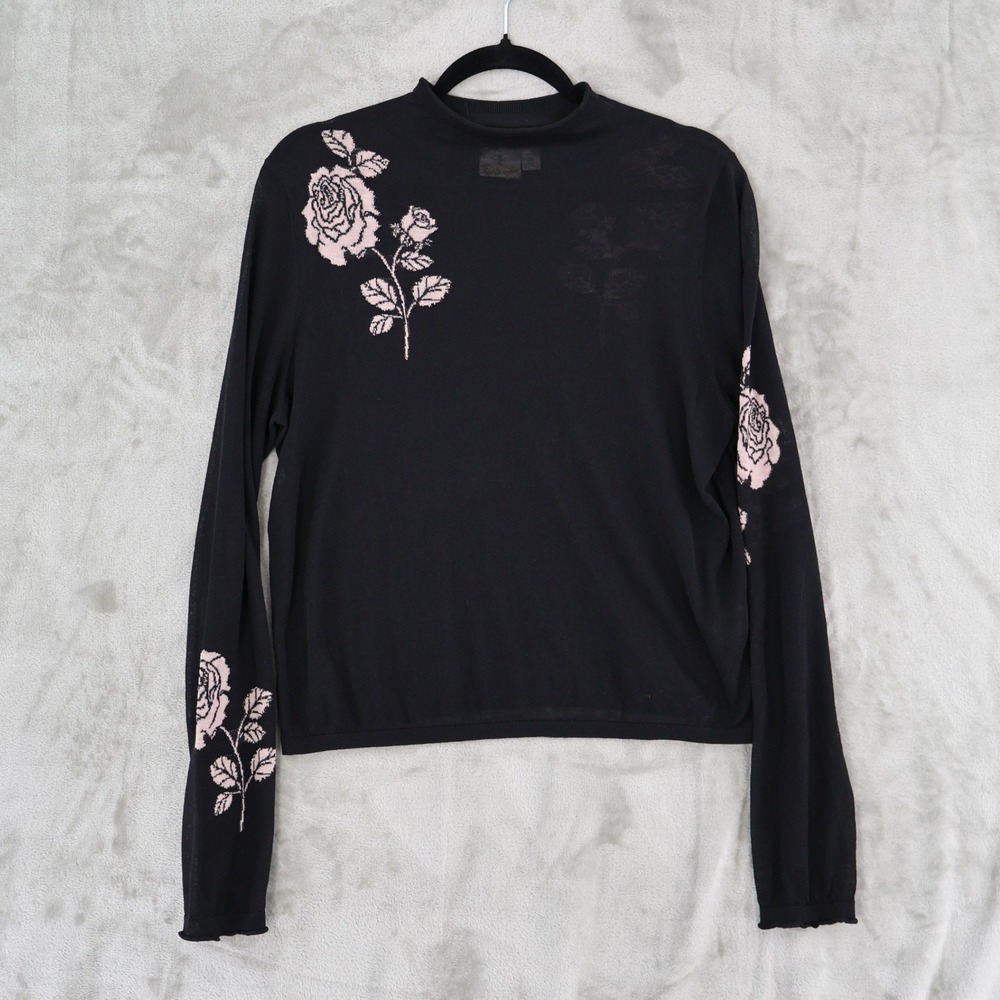 Black Rose-Embroidered Lightweight Sweater - Picture 2 of 16